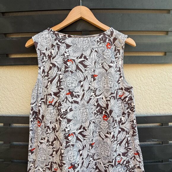 Boden Lana Floral Split Neck Tassel Sleeveless Dress in Brown w/White Blk Floral - Picture 6 of 8